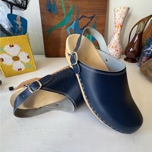 Classic Navy Leather Swedish Style Clogs with Adjustable Strap